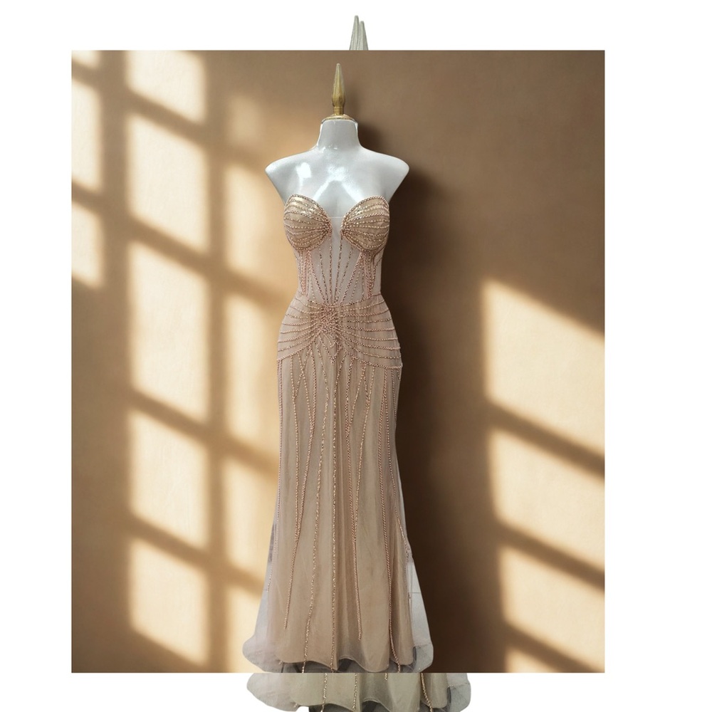 Strapless Beaded Gown in Cream